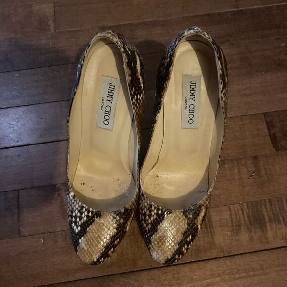 Jimmy Choo Two Tone Embossed Python Leather Platform Pumps - Picture 7 of 12